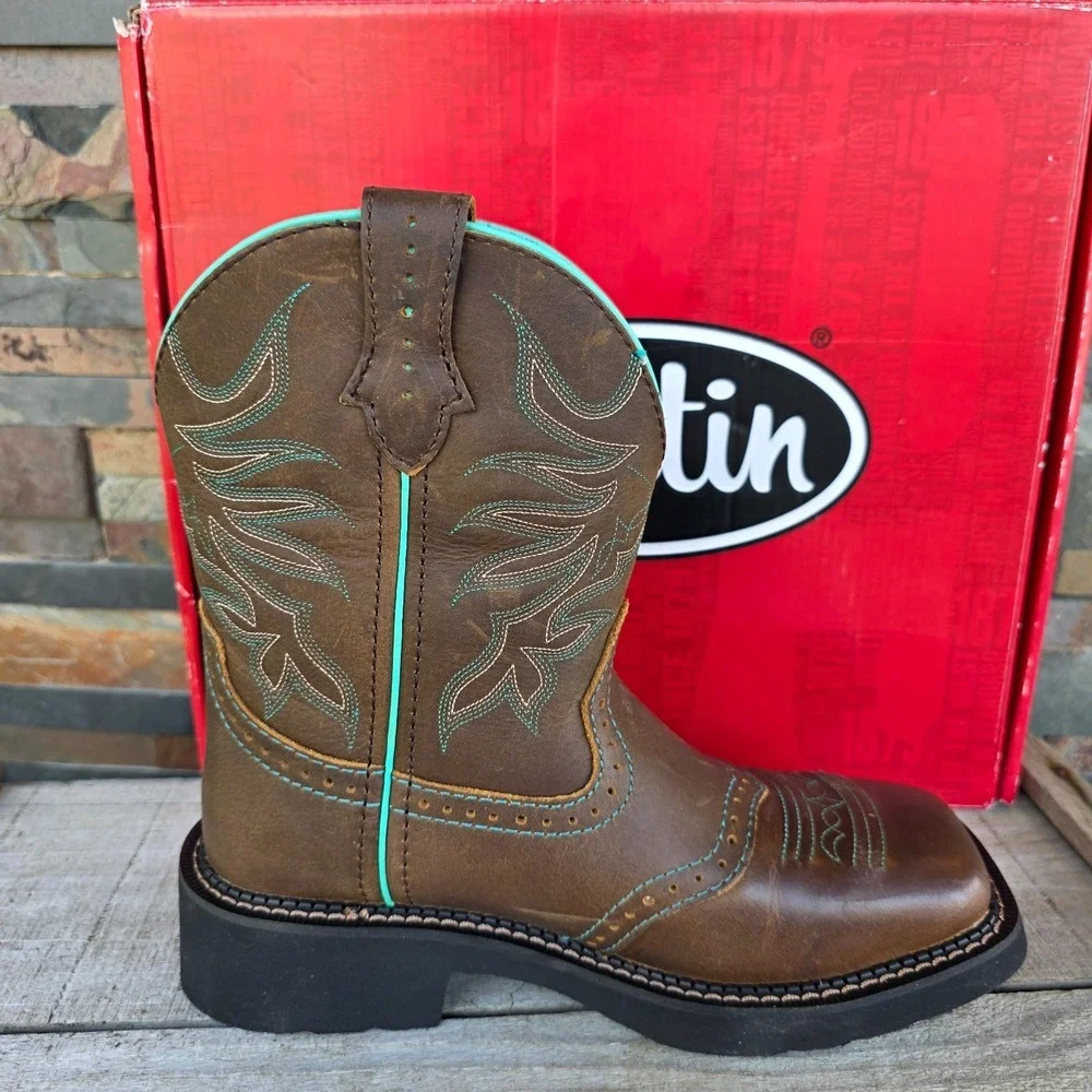 Justin Mandra Chocolate Water Buffalo Wide Square Toe Boots Size 6.5 B GY9624 - Picture 14 of 16